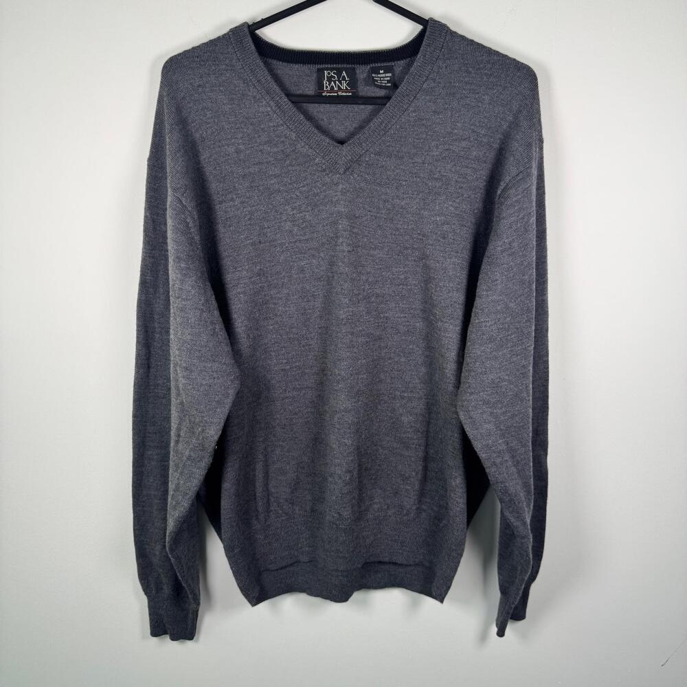 Jos. A. Bank Signature Sweater Mens M Gray 100% Merino Wool V Neck Pullover